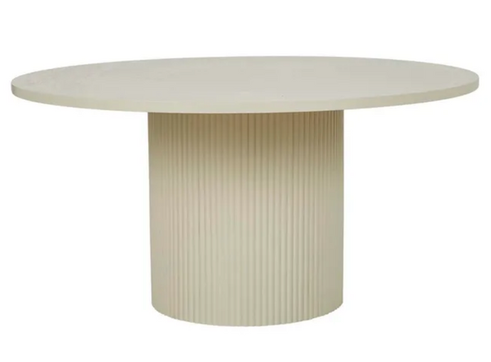 Benjamin Ripple Dining Table Putty by GlobeWest - Round dining table in a light, neutral putty colour with cylindrical base featuring rippled motif.  