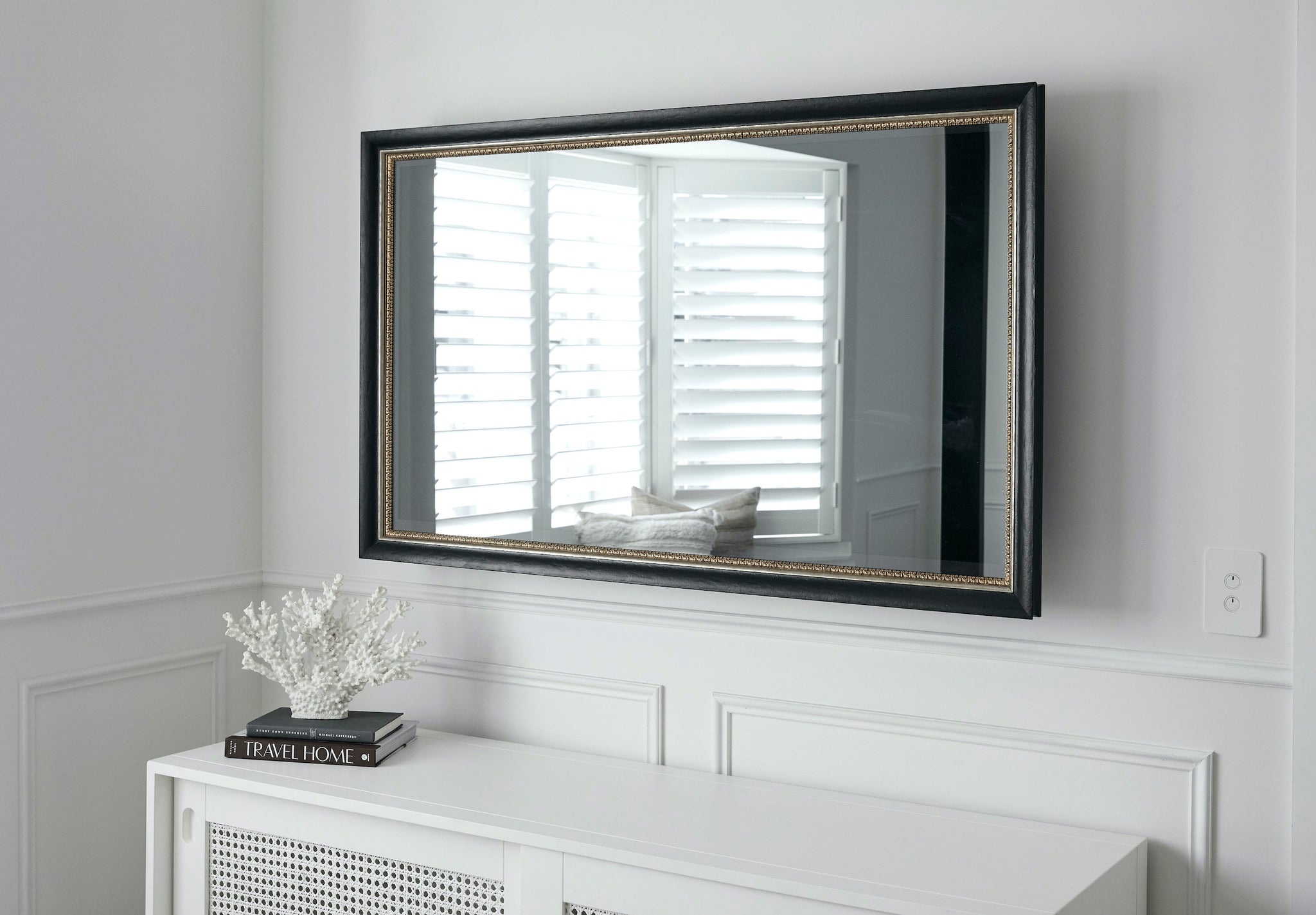 TV-Mirror with Black Distressed Frame & Patterned Inner Frame