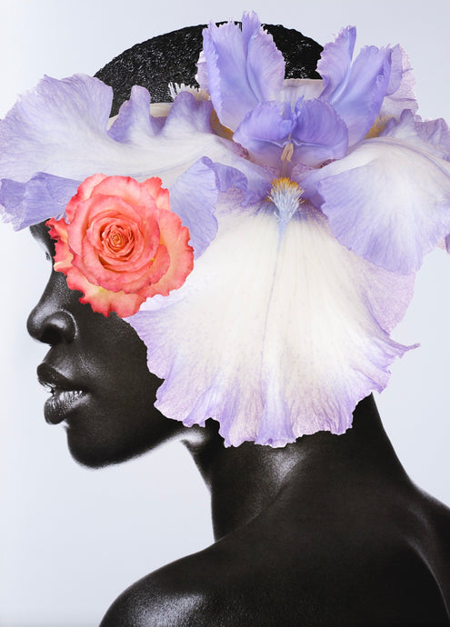 Purple Reign by Dina Broadhurst - The side profile of a model is adorned with large-scale purple and coral flowers in a collage-style artwork.