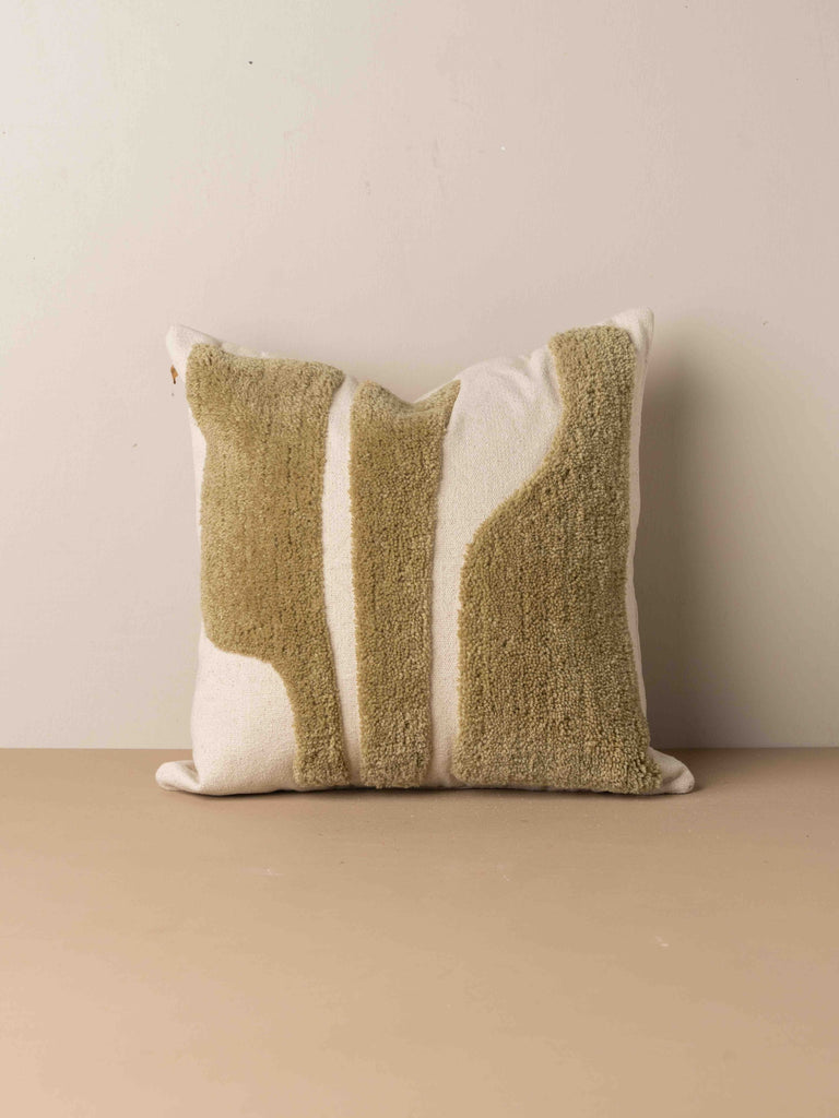 Abstract Square Cushion Olive by Saardé - A textural cushion design with olive green wool tufting.