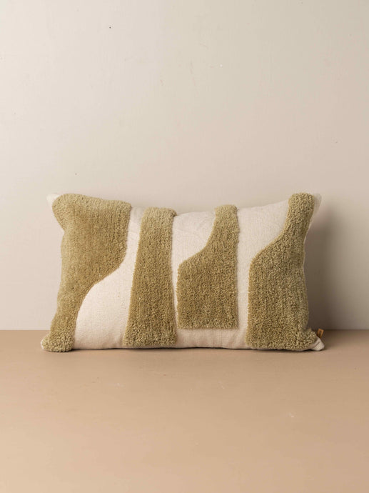 Abstract Lumbar Cushion Olive by Saardé - A textural cushion design with olive green wool tufting.