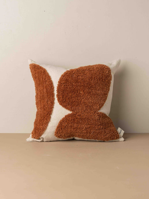  Abstract Square Cushion Terracotta by Saardé - A textural cushion design with olive green wool tufting.