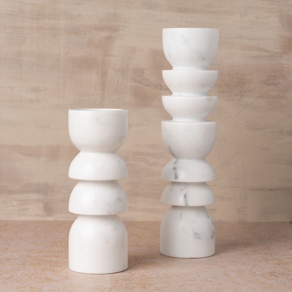Alev Marble Candle Holder White Small by Saardé - White marble candle holder with sculpted curves.