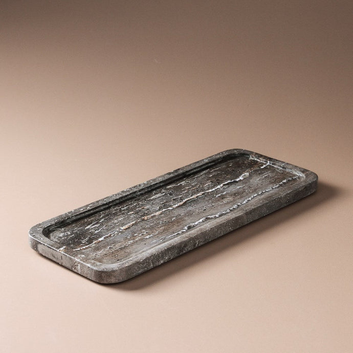 Arya Tray Grey Travertine by Indigo Love Collectors - A rectangular decorative tray in grey, textural travertine stone.