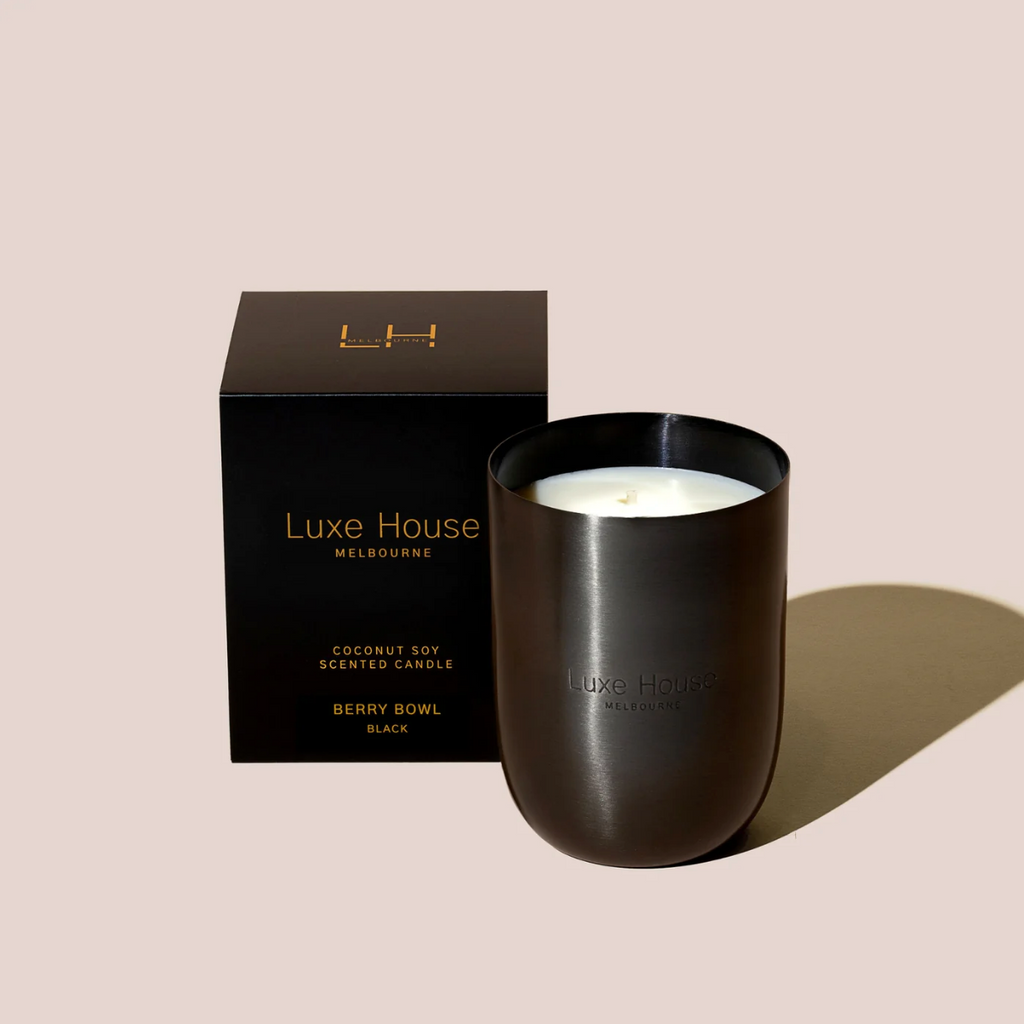 Berry Bowl Black by Luxe House - A berry and rose scented candle in a black vessel with black packaging.