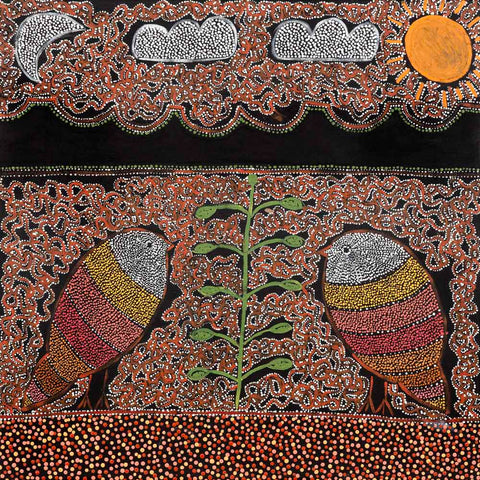 Birds That Live Around Yuendumu by Geraldine Napangardi Granites - An indigenous art print with vibrant clours and intricate shapes depicting birds.