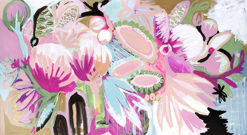 Blue & Green Sunflowers by Morgan Jamieson. Sweeping, playful abstract floral limited edition art print bursting with oversized blooms in pinks, fuchsias, and soft aquas.