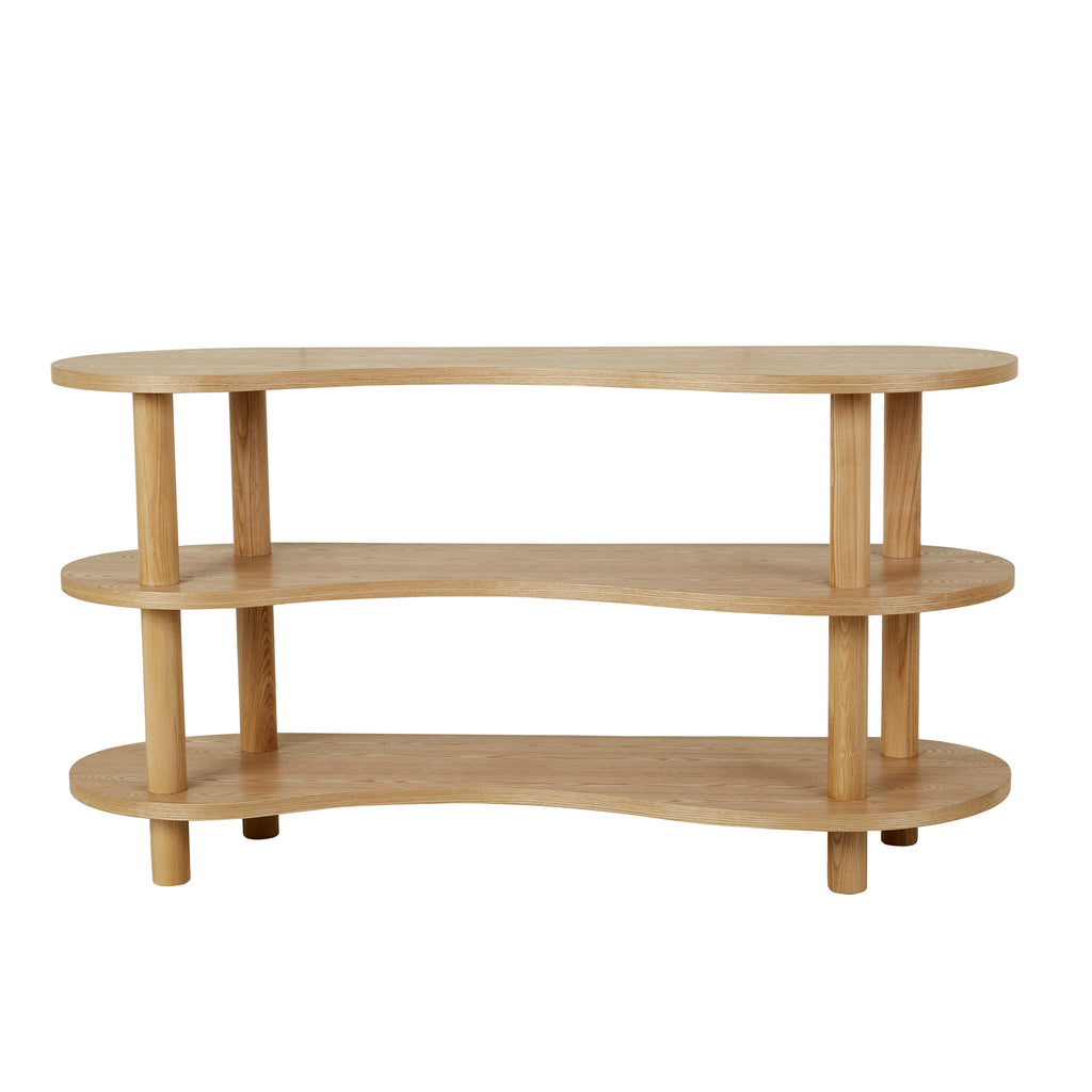Bowie Low Shelf Natural Ash by GlobeWest - An image of a short, curved shelving unit made from ash veneer.