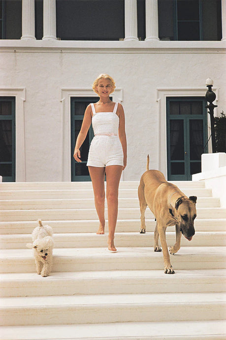CZ Guest II by Slim Aarons - A photographic print of an American socialite walking down steps of her villa with a poodle and a Great Dane.