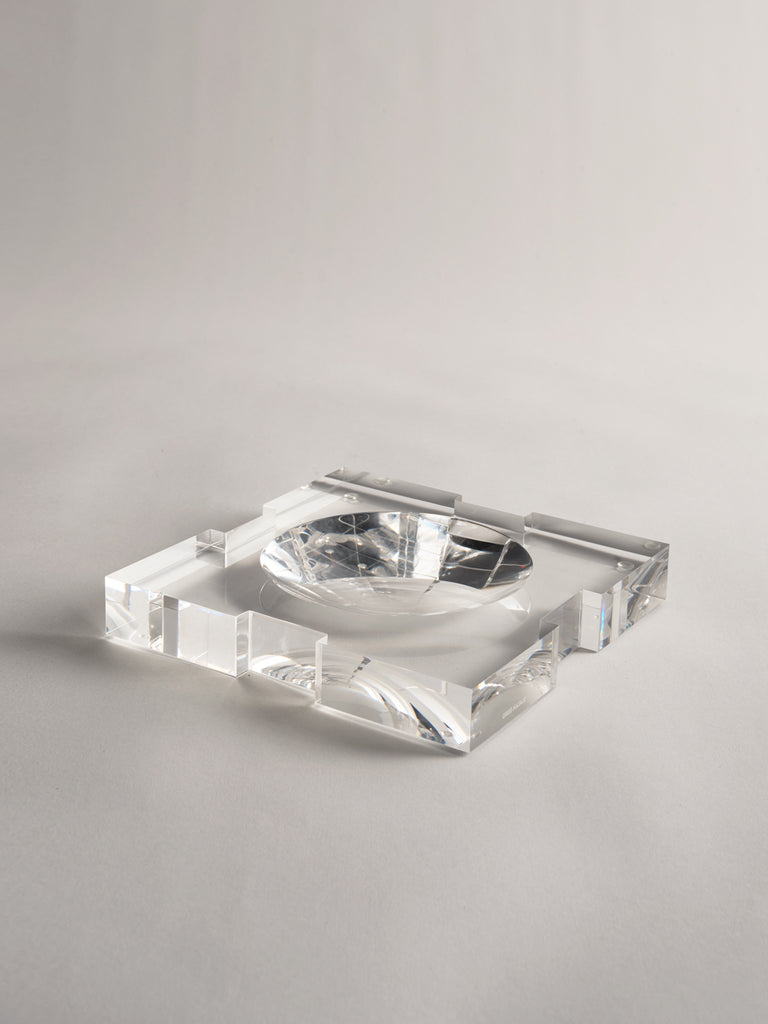 Carter Acrylic Bowl Clear Large by Greg Natale - Clear acrylic square bowl on a light grey background.