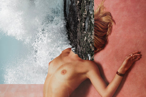Catch Your Breath by Dina Broadhurst - A collage-style artwork with nude portrait and ocean scene.