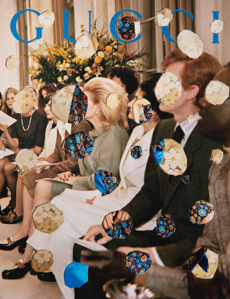 Catwalk (Gucci) by Dina Broadhurst - A collage-style artwork of a Gucci catwalk front row with floral detailing.