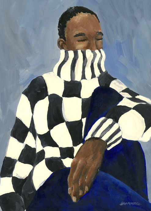 Check by The Poster Club - An abstract painting of a person in a checkered sweater.