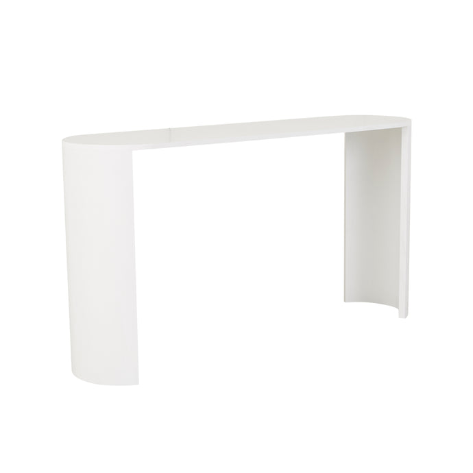 Classique Oval Console White Grain Ash by GlobeWest. White grain ash oval shaped top console table with semi circle shapped pillar legs. Minimalist classic look to complement your interiors.