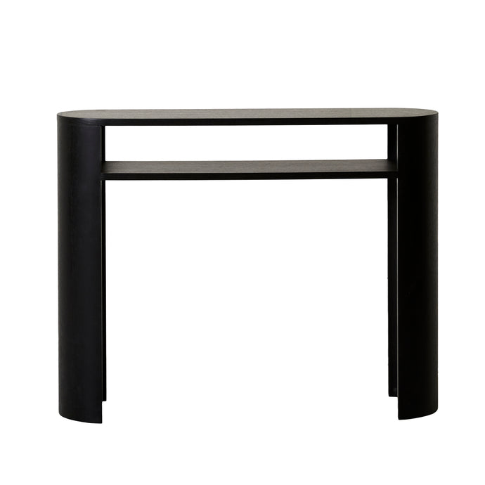 Classique Oval Small Shelf Console Matt Dark Oak by GlobeWest. Matt dark oak oval shaped top console table with shelf and semi circle shapped pillar legs. Minimalist classic look to complement your interiors.