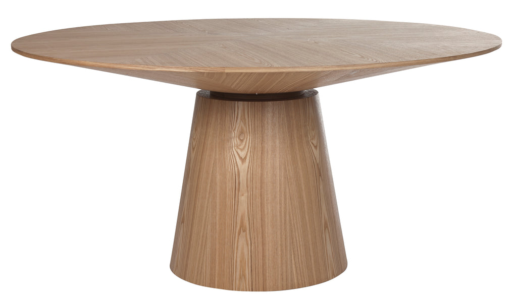 Classique Round Dining Table Natural Ash by GlobeWest - An image of a circular dining table with a single pillar in the centre of it, made from ash veneer.