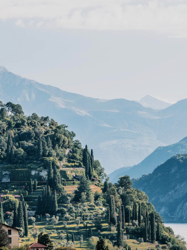 Como Curves by Stuart Cantor - A photographic print in delicate blue & green hues overlooking Passalacqua, Lake Como, in a coastal setting.