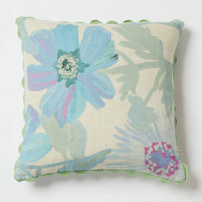 Cornflower Blue 60cm Cushion by Bonnie and Neil - A oat coloured cushion with cornflower blue floral design and green curved edges.