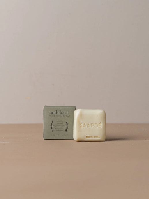 Olive Oil Bar Soap Andalusia by Saardé - A square soap bar with olive green packaging.