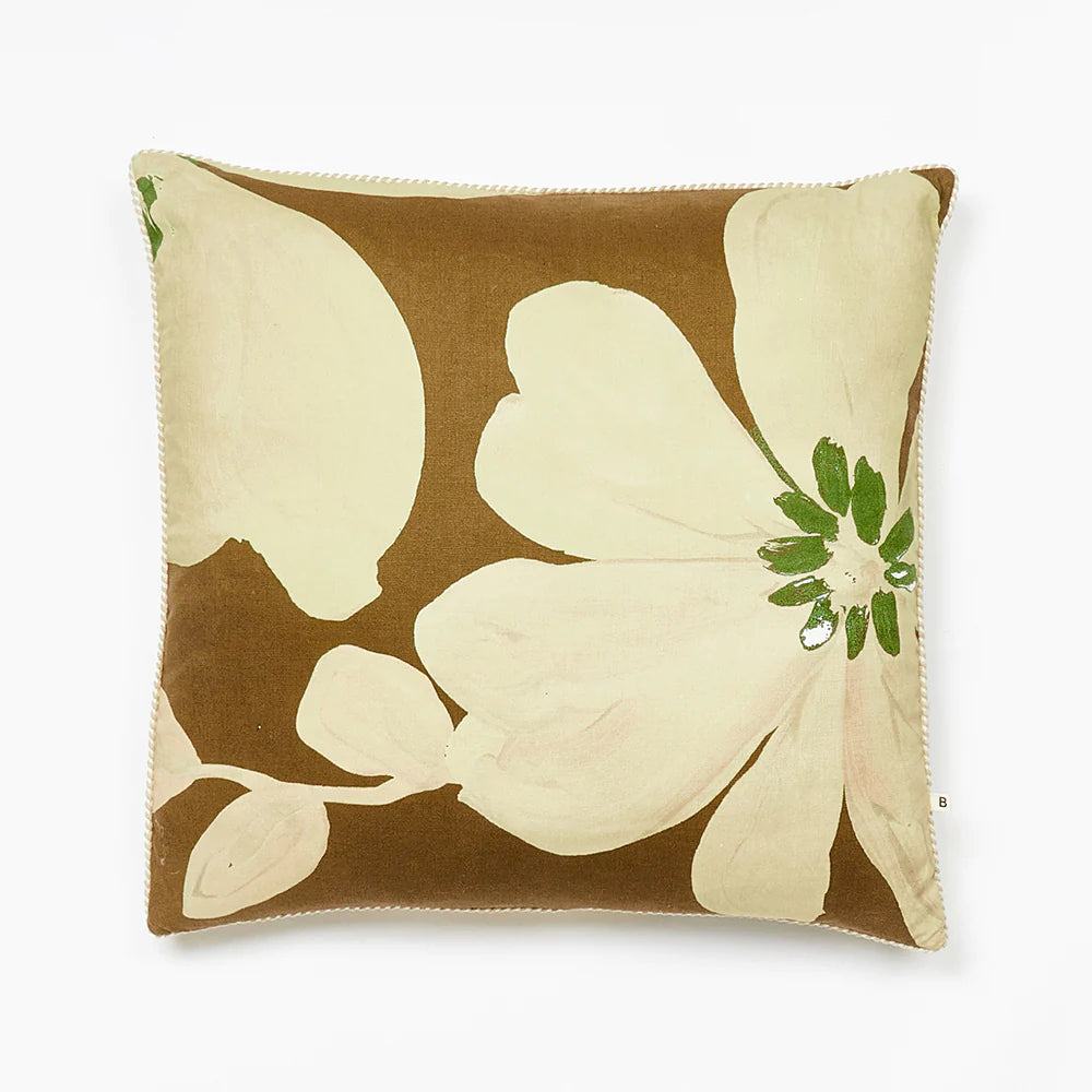 Dogwood Moss 60cm Cushion by Bonnie and Neil - A square throw cushion with floral artwork in cream and chocolate brown.