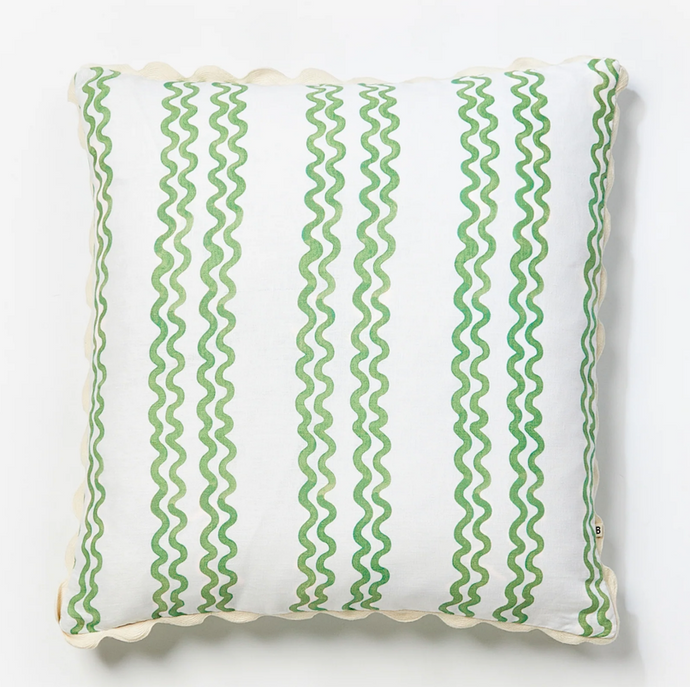 Double Waves Green 60cm Cushion by Bonnie and Neil - A white cushion cover with organic wavy green lines and a cream curvy trim.