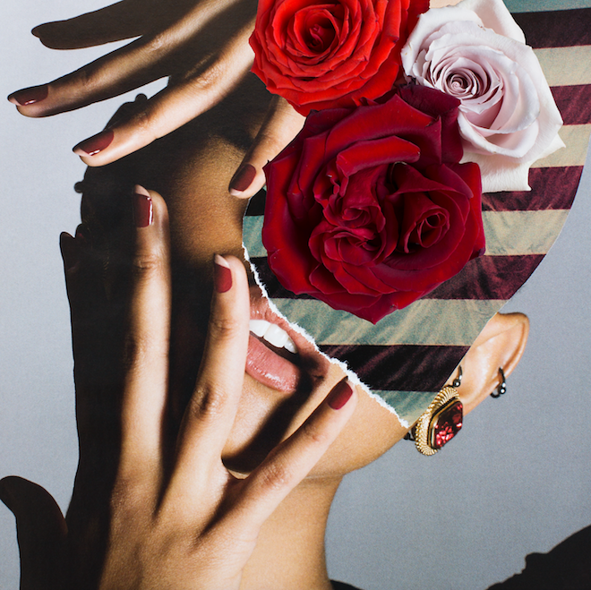 Dream State Roses by Dina Broadhurst - An original appropriation artwork of a model, roses and stripes using collage and mixed media.