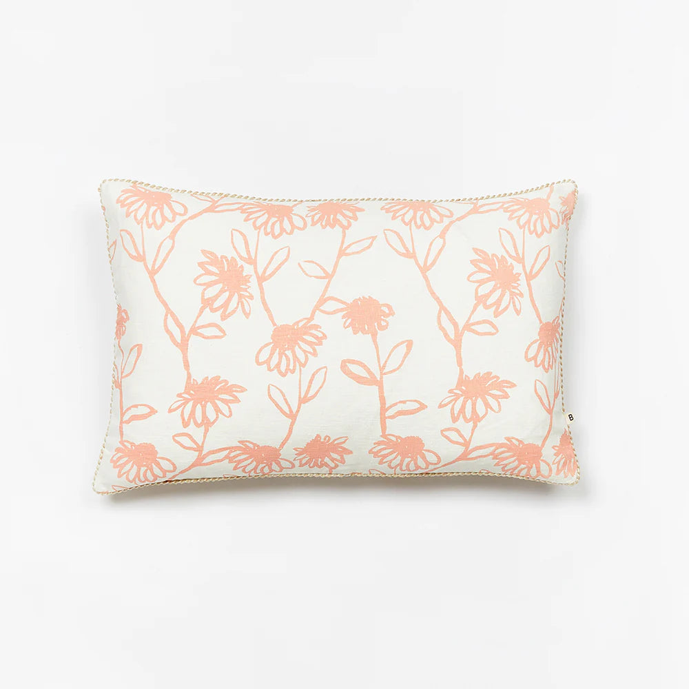 Echinacea Blossom 60x40cm Cushion by Bonnie and Neil - A rectangle throw cushion with peachy pink floral pattern on white base.