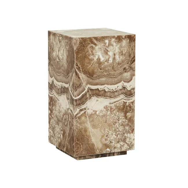 Elle Block Low Plinth Espresso Onyx by GlobeWest - Marble-patterned cube-shaped side table on a white background