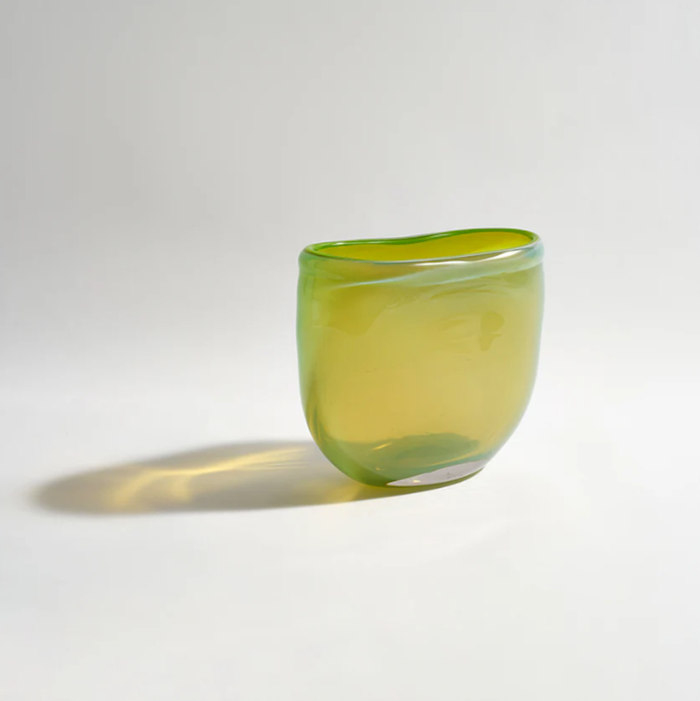 Enigma Leaf Vase by Ben David - A wide-mouthed sculptured vase in leaf green translucent glass with gentle curved-in lip.