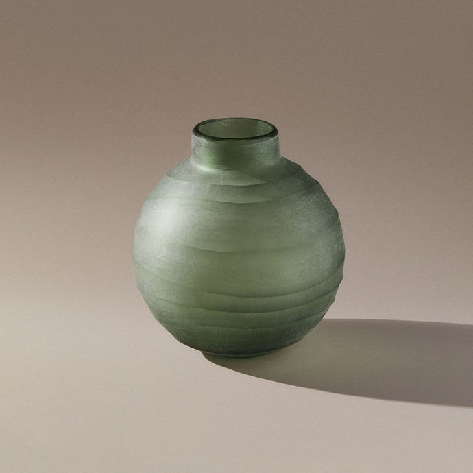 Eucalypt Vase by Indigo Love Collectors - A Green glass vase with a bulbous well and stem like lip.