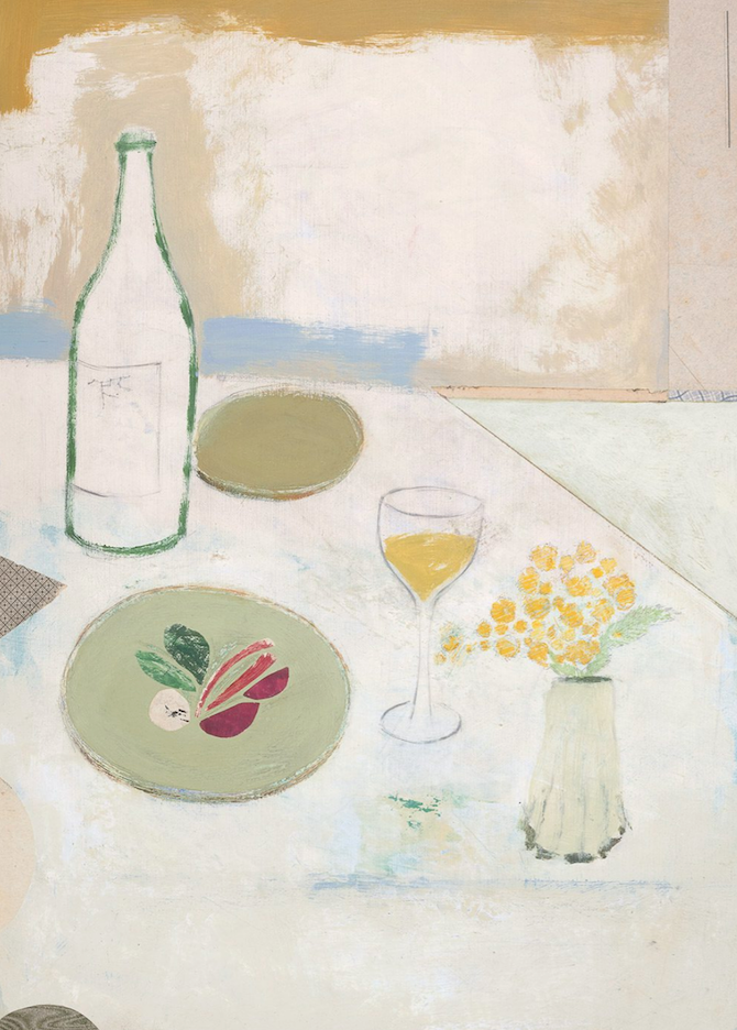 Fleurs Jaunes by The Poster Club - A collage art print of a dining table in pastel tones.
