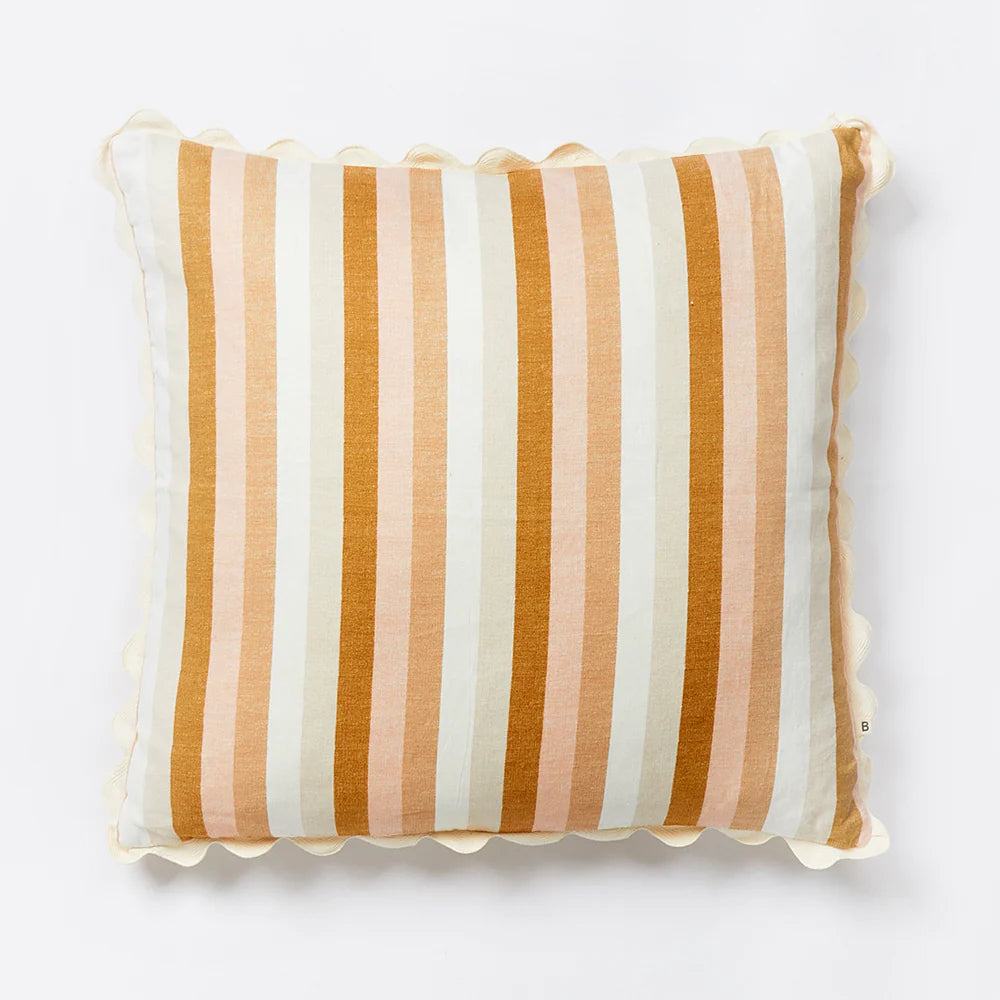 Florence Stripe Wheat 60cm Cushion by Bonnie and Neil - An image of a square cushion with brown toned stripes and a scalloped trim.