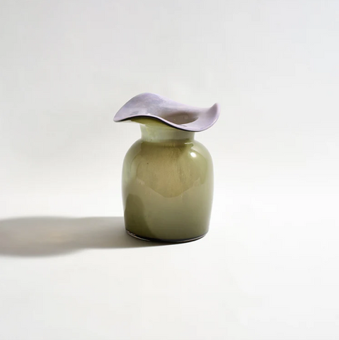 Florence Vase Olive by Ben David - A high-quality glass vase resembling a blossoming flower with a soft lilac relaxed petal-like top and olive coloured body in glossy finish.