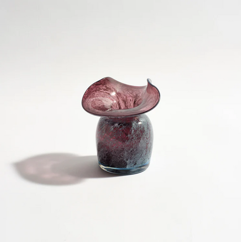 Florence Vase Plum by Ben David - A high-quality glass vase resembling a blossoming flower with a petal-like top and rich plum coloured marbled finish.