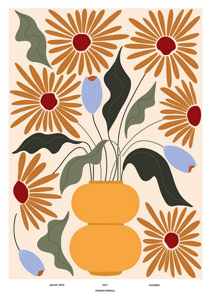  Flourish by The Poster Club - An abstract art print of blue and yellow flowers in a sculptural vase.