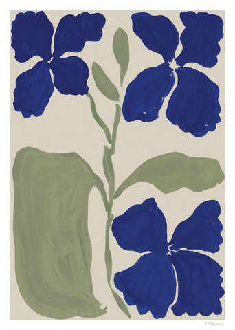 Flowers by The Poster Club - Abstract art print of blue flowers on green stems.