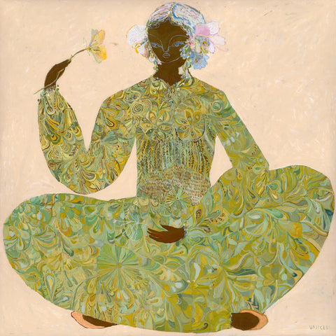 Forest by Jai Vasicek - an earthy artwork in blush and green tones of a figure with flowers in her hair
