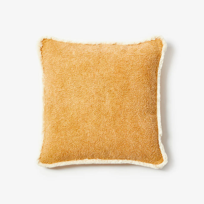 Grain Tan Cushion by Bonnie and Neil - A square soft knitted and hand loomed cushion with textured tan fabric and fluffy cream fringe.