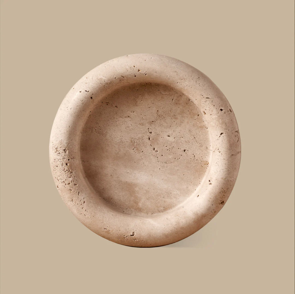 Halo Marble Tray - Travertine by Black Blaze - A small round travertine tray in subtle pink-creamy hues with rounded-edged lip.