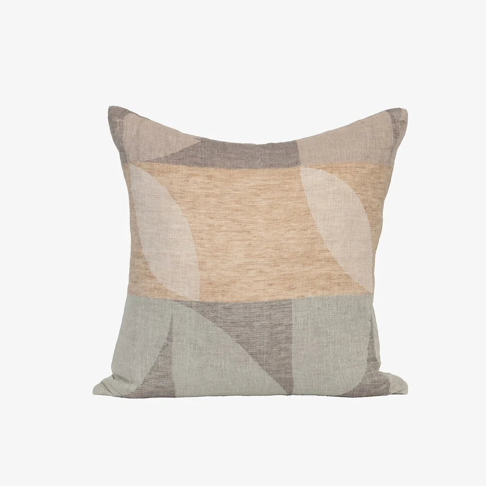 Harmony Linen Cushion by Eadie Lifestyle - A square throw pillow with an abstract geometric pattern in beige and grey neutrals, shown against a plain white background.