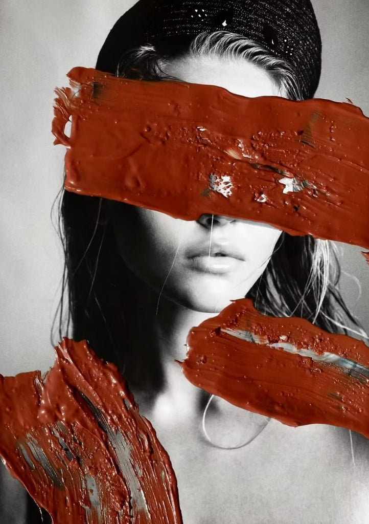 Hot Chocolate by Dina Broadhurst - A mixed-media art print featuring black & white fashion photography embellished with brown paint swatches.