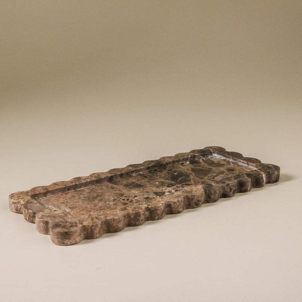 Juliette Tray Brown Emperador Marble by Indigo Love - Rectangular brown patterned marble tray on beige background.