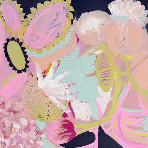 Late Flowering Hydrangea by Morgan Jamieson. Joyful, abstract limited edition art print blending playful tones and bold gestural brushstrokes evoking a garden in bloom. 