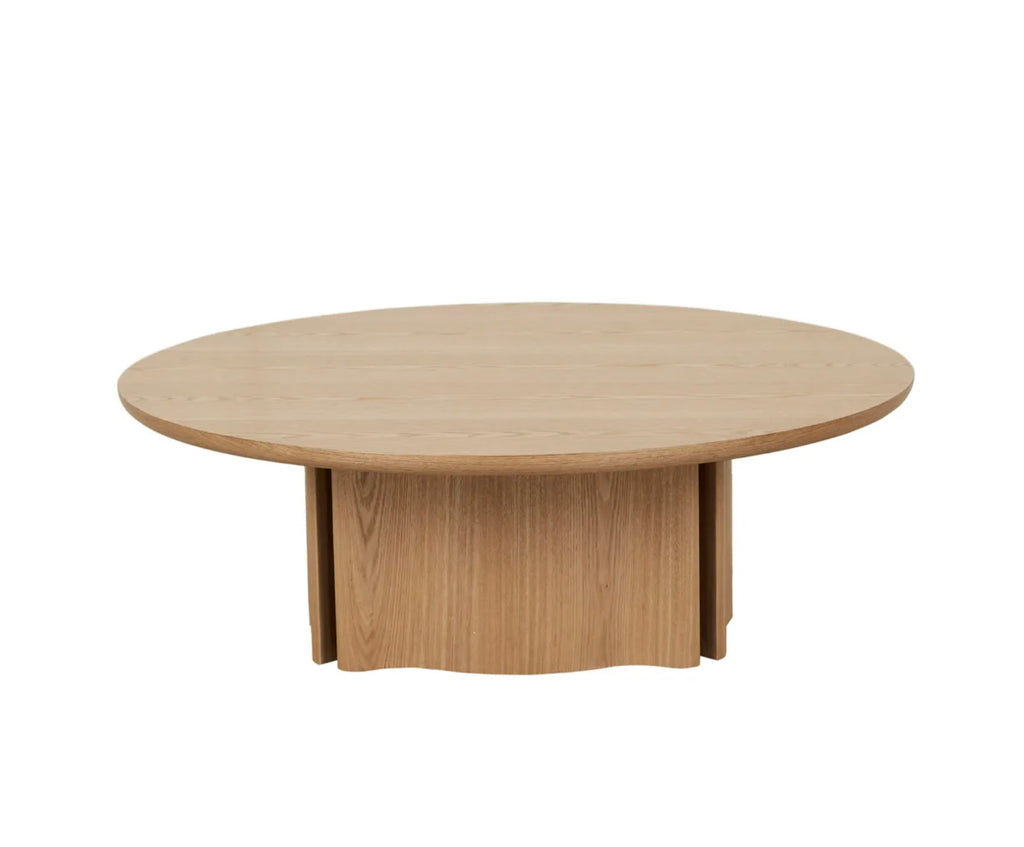 Leon Coffee Table Natural Ash by GlobeWest - A round oak coffee table with subtle wave leg detail.