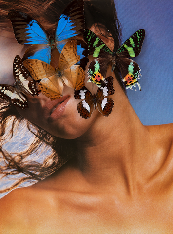 Let Me Be Your Air by Dina Broadhurst - An original appropriation artwork of a model with colourful butterflies in front of her face, created using mixed media.