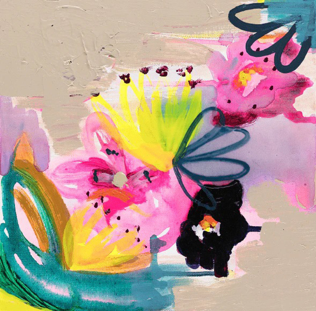 Like Pink Lemonade by Morgan Jamieson. Bright and lively abstract floral limited art print blending neon yellows, hot pinks, and deep teal. 