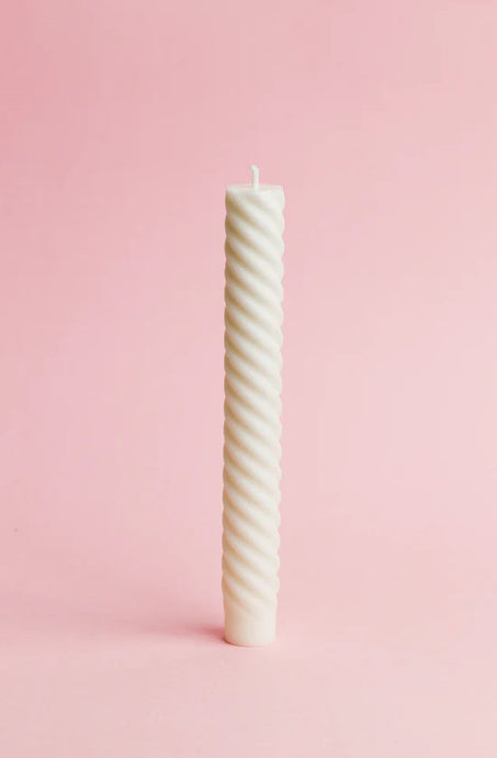 Lola Swirl Dinner Candle Pair - White by Flört Designs - An image of a white candle stick with a swirled rib texture.