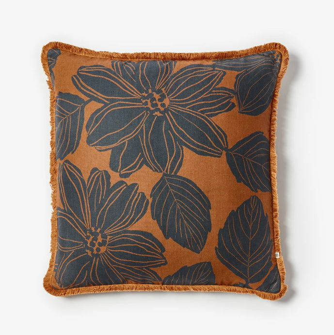 Margot Brown Cushion 60cm by Bonnie and Neil - A square cushion in  copper and black with floral and foliage pattern.