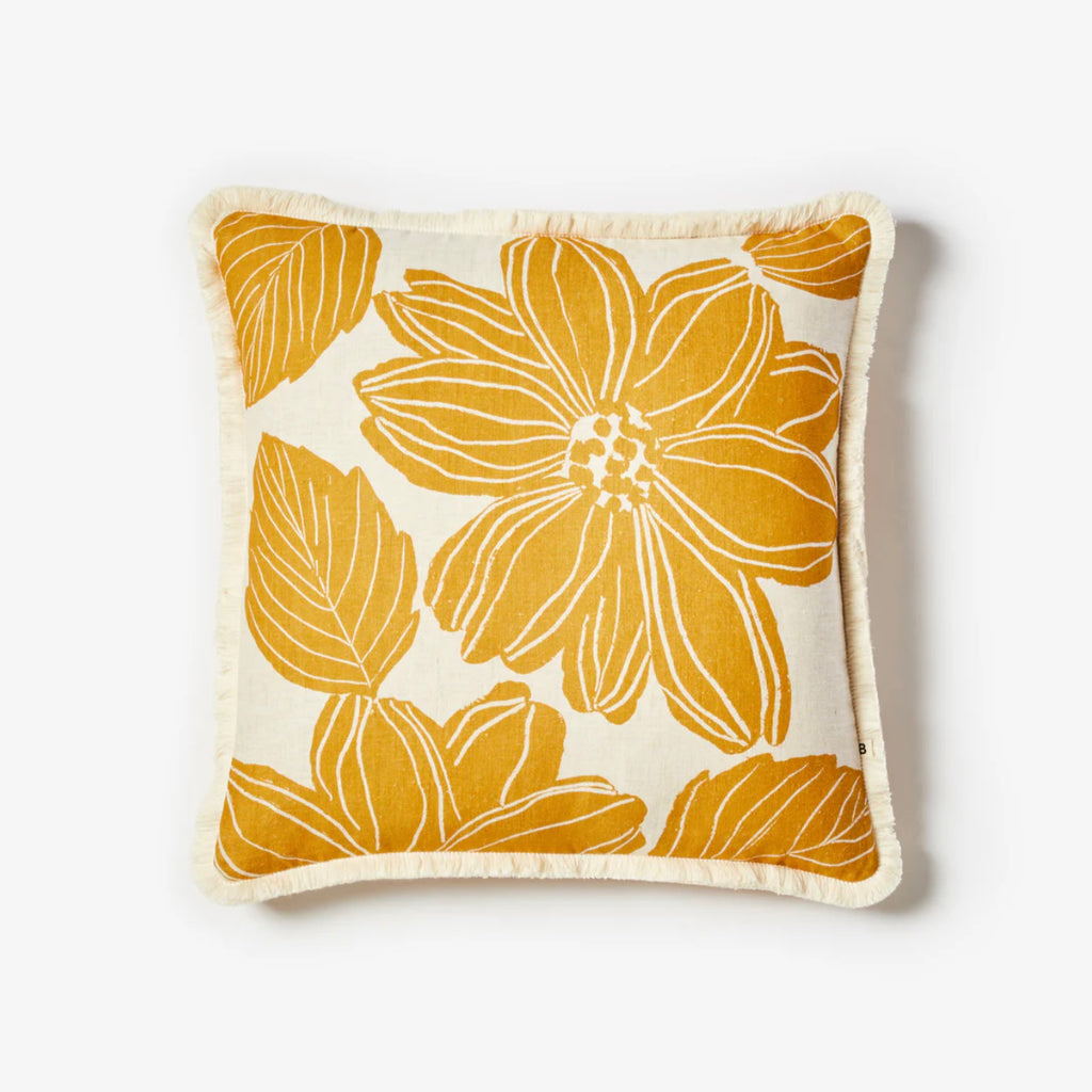 Margot Mustard Cushion 50cm by Bonnie and Neil - A square cushion in mustard and off-white with floral and foliage pattern.