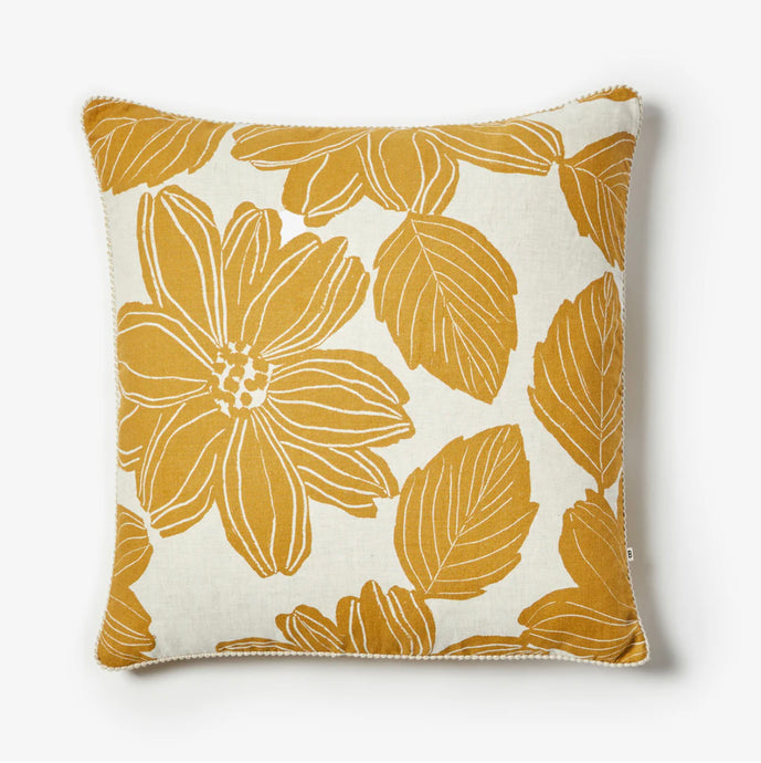 Margot Mustard Cushion 60cm by Bonnie and Neil - A square cushion in mustard and off-white with floral and foliage pattern.